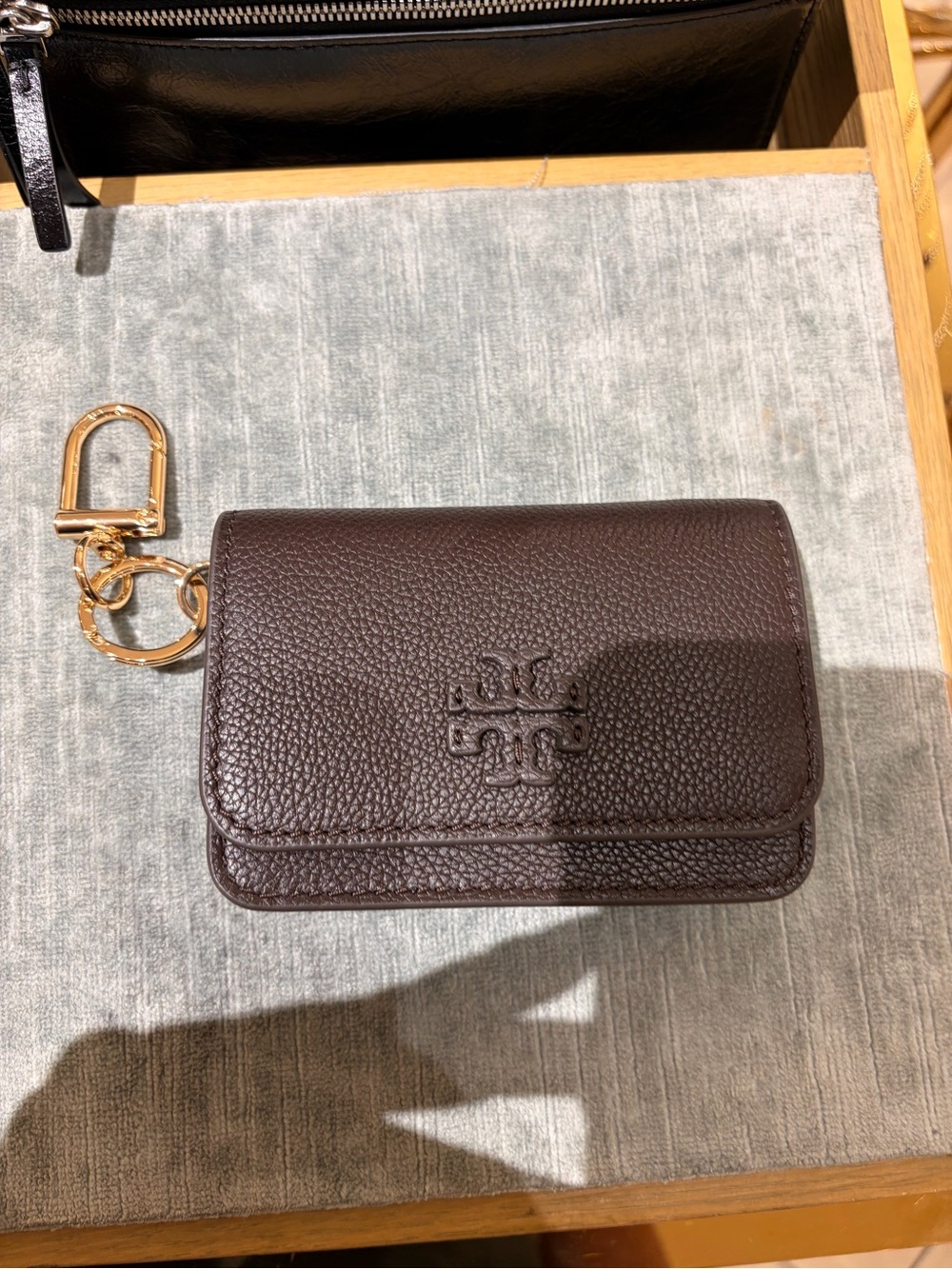 Tory Burch dark brown pebble leather  Thea flip card case chainnew with tag
